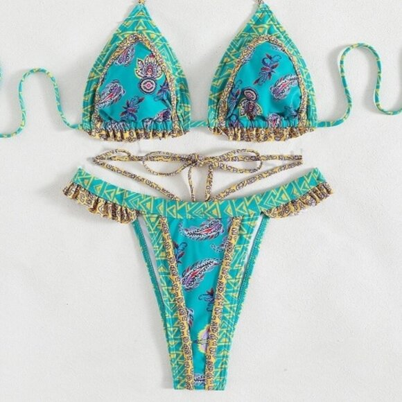 Boho  Floral & Geo Print Triangle Thong Bikini Swimsuit - Picture 2 of 3